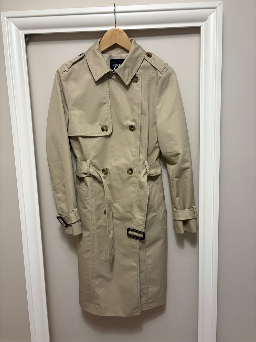 Zara Khaki Beige Double-Breasted Trench Coat with Belt